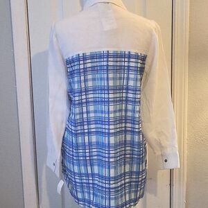 Kyla Seo Woman's Linen Button-down Blouse With Flowy Print In Back.